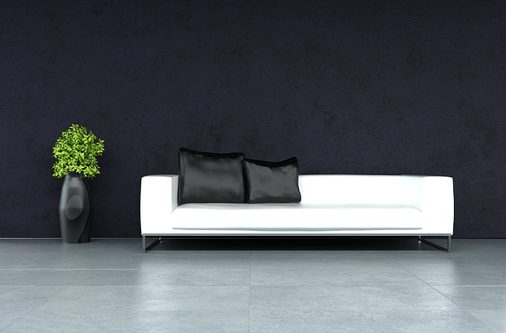 sofá de cuero blanco, diseño, sofá, sillas, almohadas, interior, elegante, silla, jarrones, florero, moderno, sofá, almohadas, Fondo de pantalla HD