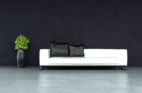 sofá de couro branco, projeto, sofá, cadeiras, travesseiro, interior, elegante, cadeira, vasos, vaso, moderna, sofá, almofadas, HD papel de parede HD wallpaper