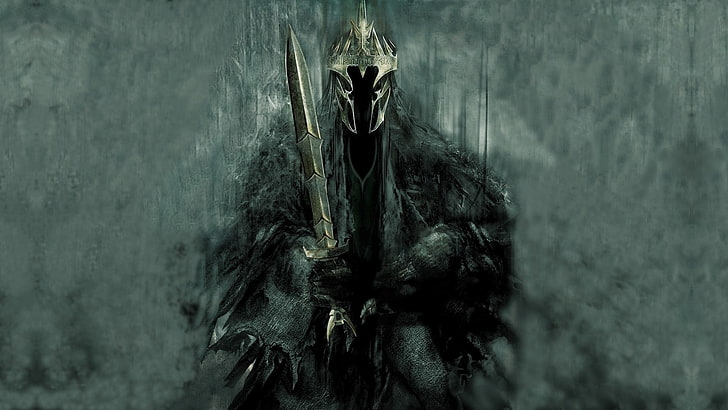 персонаж держит меч цифровые обои, Witchking of Angmar, Властелин колец, фэнтези-арт, HD обои
