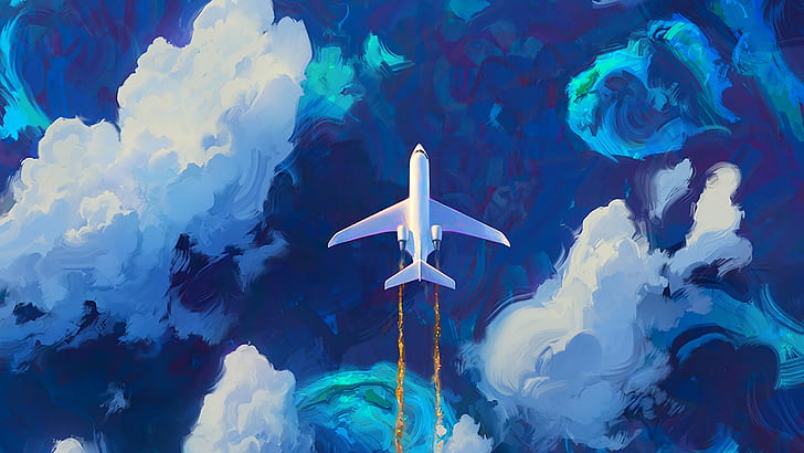 blue, sky, art, painting art, airplane, flying, painting, cloud, HD wallpaper