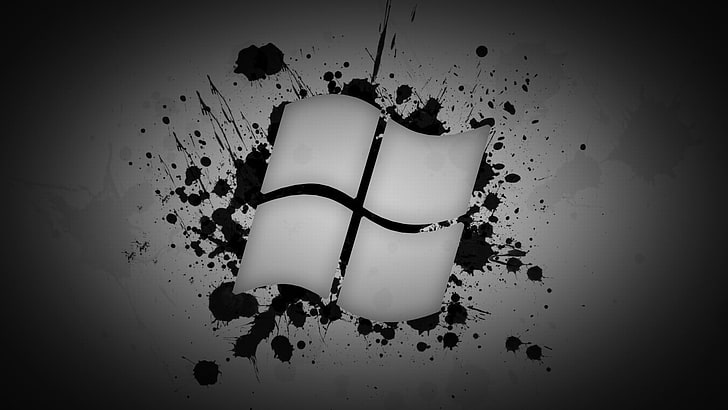 logo Windows putih, Microsoft Windows, cat splatter, monokrom, Wallpaper HD