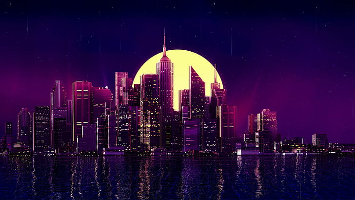 ネオン、都市、紫色の背景、 HDデスクトップの壁紙