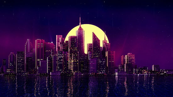 неон, город, фиолетовый фон, HD обои HD wallpaper