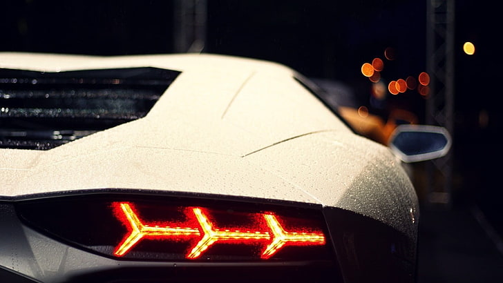 Lamborghini Aventador, Lamborghini, Lamborghini Aventador, Hypercar, rain, lights, white cars, vehicle, HD wallpaper