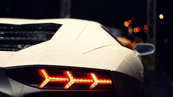 Lamborghini Aventador, Lamborghini, Lamborghini Aventador, Hypercar, chuva, luzes, carros brancos, veículo, HD papel de parede HD wallpaper