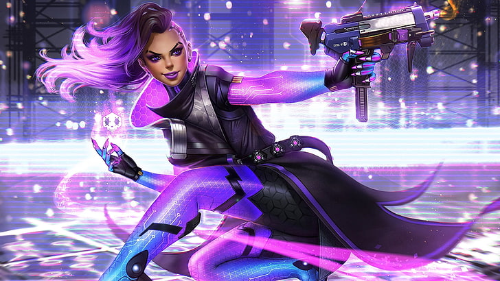 purple haired girl anime poster, Overwatch, video games, Sombra (Overwatch), digital art, HD wallpaper