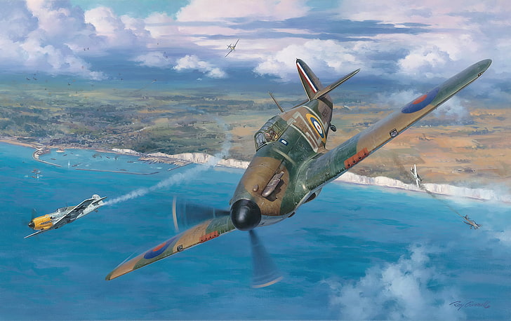 война, авиация, ураган Hawker, ww2, битка за Великобритания, живопис, Junkers Ju 87, Messerschmitt Bf 109, HD тапет