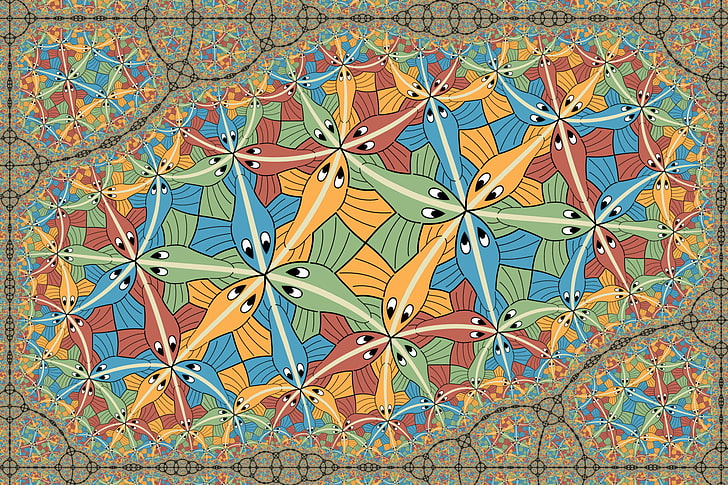 абстрактна живопис, оптична илюзия, М. C. Escher, психеделик, животни, симетрия, цветни, риби, HD тапет