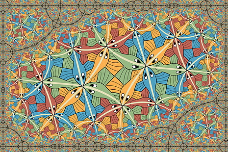 abstrakte Malerei, optische Täuschung, M. C. Escher, psychedelisch, Tiere, Symmetrie, bunt, Fisch, HD-Hintergrundbild HD wallpaper