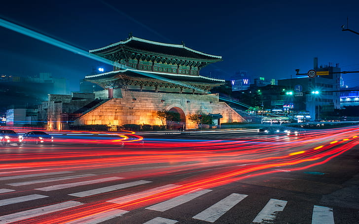 Asiatische Lichter Timelapse-Nachtstraße Seoul HD, beige Betongebäude, Nacht, Stadtbild, Lichter, Timelapse, Straße, Asiat, Seoul, HD-Hintergrundbild