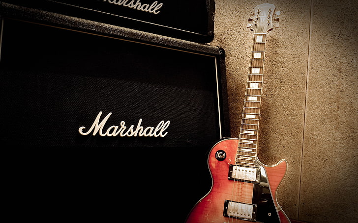 czarny wzmacniacz gitarowy Marshall i czerwona gitara elektryczna, gitara, Marshall, instrument muzyczny, muzyka, gitara Epiphone, Les paul, Tapety HD