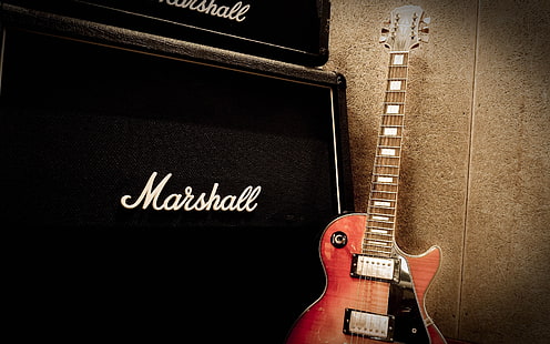 amplificatore per chitarra nero Marshall e chitarra elettrica rossa, chitarra, Marshall, strumento musicale, musica, chitarra epiphone, Les Paul, Sfondo HD HD wallpaper