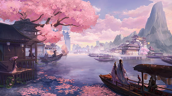 Фантазия, ориенталски, лодка, черешов цвят, черешово дърво, планина, река, HD тапет HD wallpaper