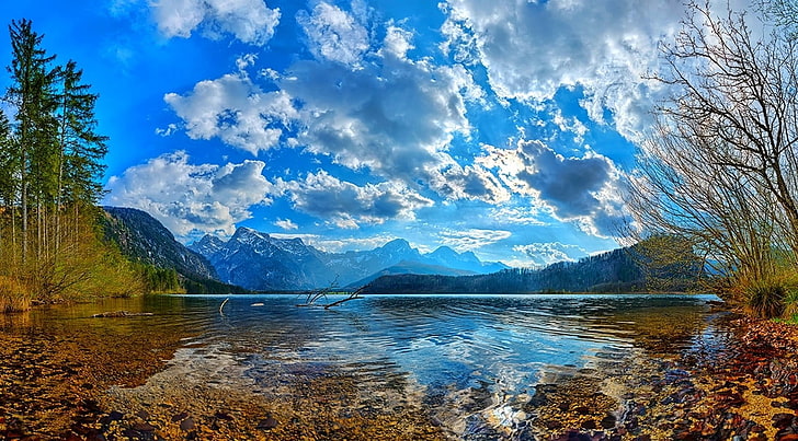 cuerpo de agua, naturaleza, paisaje, montañas, árboles, nubes, lago, Fondo de pantalla HD