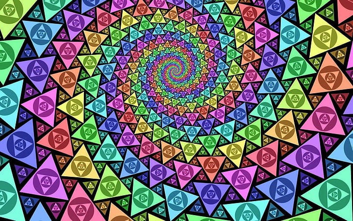 colors, psychedelic, rainbows, spiral, triangles, trippy, HD wallpaper