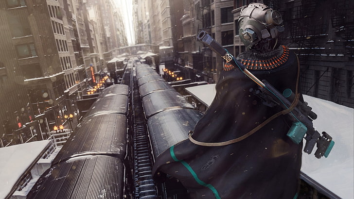 sfondo del videogioco digitale, persona che indossa un abito nero in cima al treno nero durante il giorno, opera d'arte, arte digitale, soldato, città, treno, fucile di precisione, cyberpunk, cyborg, androidi, robot, Sfondo HD