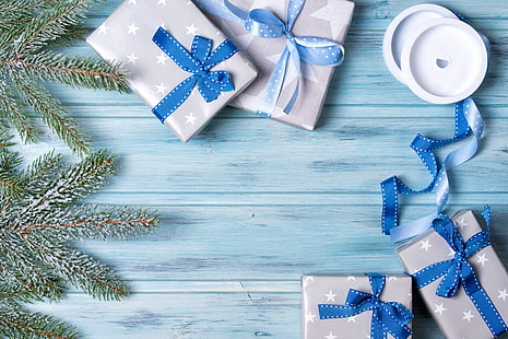 dört gri-beyaz yıldız baskı hediye kutuları, Yeni Yıl, Noel, mavi, mutlu noeller, yay, dekorasyon, hediyeler, HD masaüstü duvar kağıdı HD wallpaper