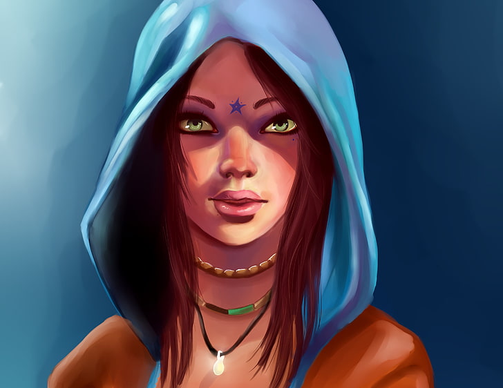 brown-haired female painting, look, girl, decoration, face, the game, star, portrait, art, hood, DmC, Devil May Cry 5, Kat, HD wallpaper