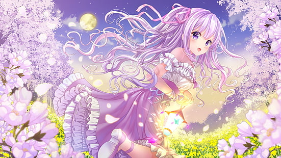 anime, anime dziewczyny, sukienka, obcasy, długie włosy, fioletowe włosy, fioletowe oczy, kwiaty, Tapety HD HD wallpaper