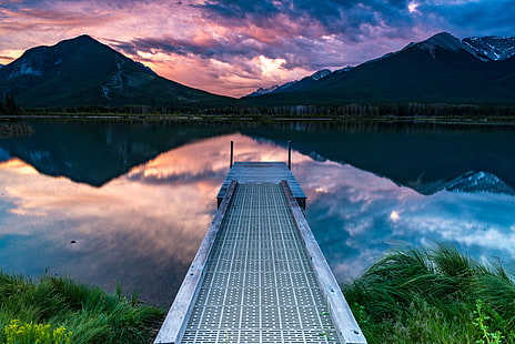 gray boat dock, pier, mountains, lake, shore, HD wallpaper HD wallpaper