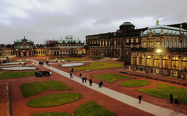 Dresden, Old buildings, Lawns, Germany, Evening, Zwinger gallery, HD wallpaper