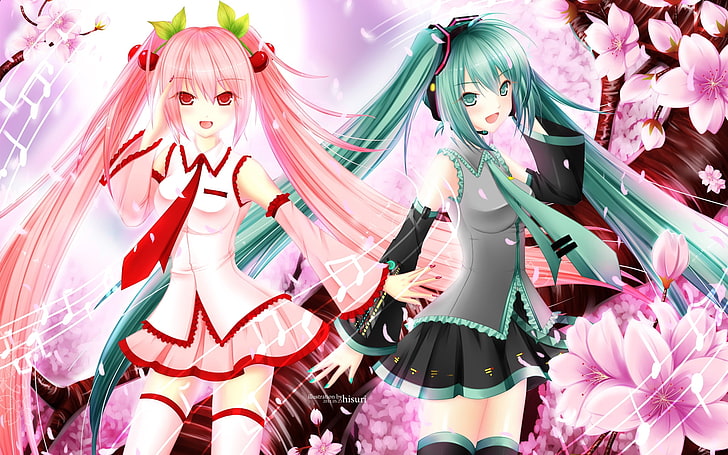 deux illustration de personnage anime aux cheveux roses et sarcelle, hatsune miku, yeux rouges, cheveux roses, bas, jupe, filles, Fond d'écran HD