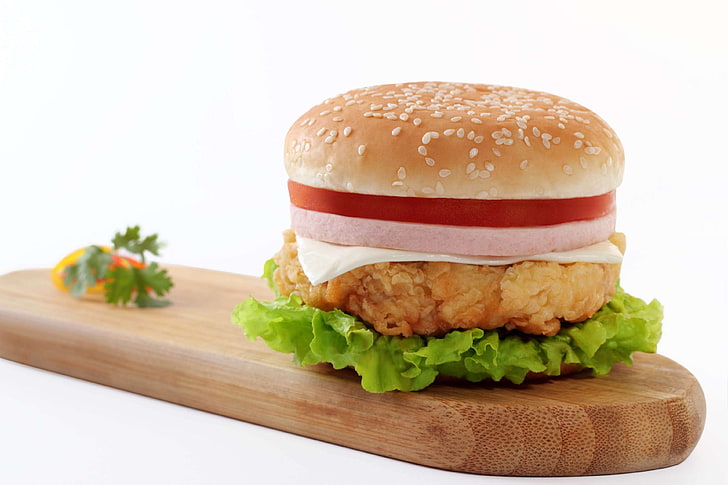 burger, chicken sandwich, fast food, food, hamburger, junk food, meal, meat, HD wallpaper