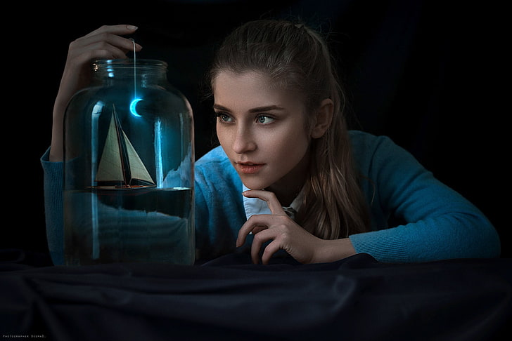 women's blue cardigan, look, girl, face, smile, background, sweetheart, model, portrait, blonde, Bank, light, beautiful, boat, the beauty, jacket, young, water, pretty, beauty, mood, nice, inspiration, amazing, perfect, lust, cool, wonderful, dreamy, conceptual, view, Dima Begma, Anna Gerus, With the dream of travel, HD wallpaper
