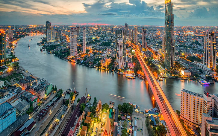 Cities, Bangkok, Building, City, Cityscape, Light, Man Made, Night, Thailand, HD wallpaper