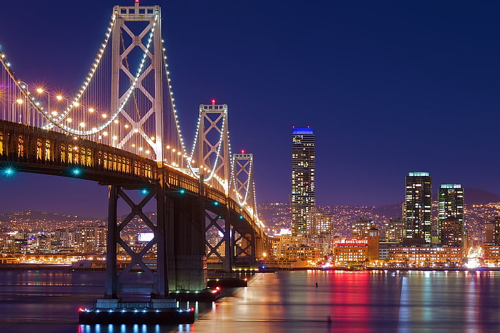 висящ мост, Сан Франциско, нощ, мост, светлини, HD тапет