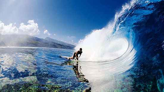 mar, jugar, ola, soleado, surf, surf, cielo azul, Fondo de pantalla HD HD wallpaper
