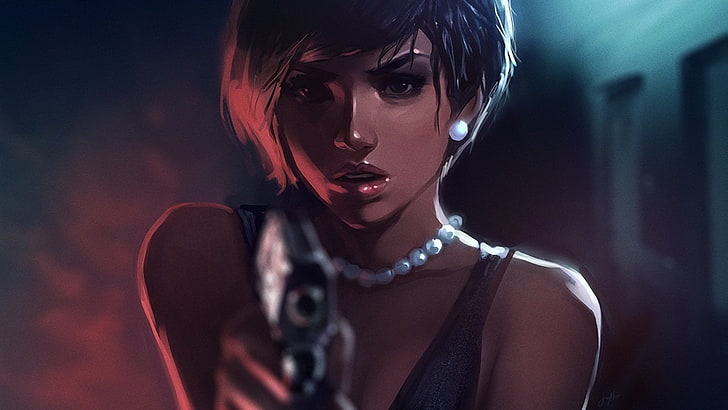 женски герой, държащ пистолет дигитален тапет, жена, държаща ръка пистолет илюстрация, цифрово изкуство, видео игри, жени, HD тапет