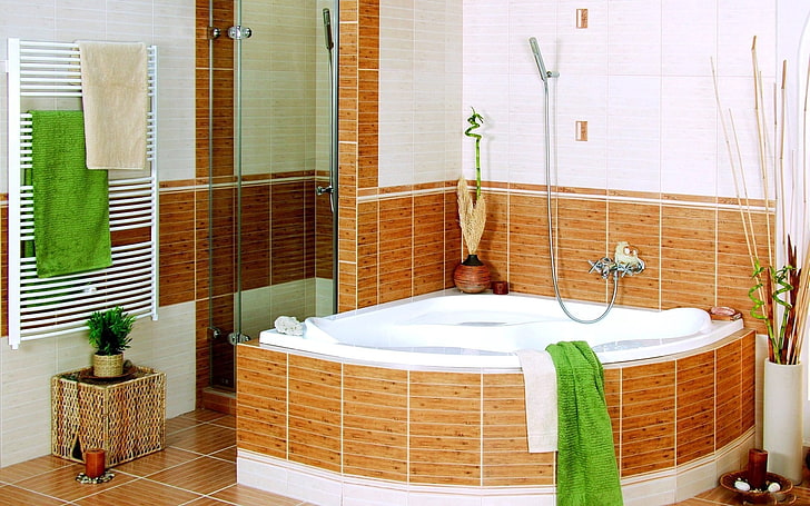 white ceramic bath tub, bathroom, bedroom, contemporary, design, style, HD wallpaper