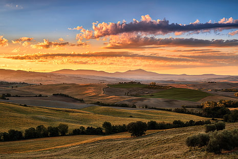 пейзаж и облака, лето, небо, облака, свет, поле, Италия, Тоскана, август, HD обои HD wallpaper