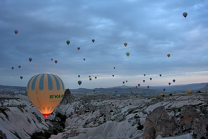 photo of hot air balloons, photo, hot air balloons, Cappadocia, Kapadokya, hot Air Balloon, goreme, nevsehir, flying, anatolia, adventure, tuff, sky, air, mountain, air Vehicle, travel, heat - Temperature, landscape, nature, geology, tufa, outdoors, HD wallpaper