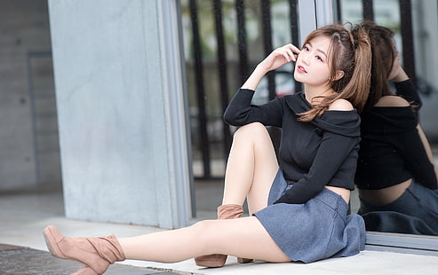 sitting, legs, reflection, Asian, women, HD wallpaper HD wallpaper