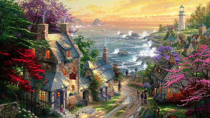 Thomas Kincaid, wioska, latarnia morska, piękny, panoramiczny, morze, szary betonowy dom w pobliżu drogi prowadzącej do malarstwa morskiego, thomas kincaid, wieś, latarnia morska, piękny, panoramiczny, morze, Tapety HD