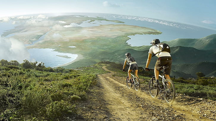 Двойка за планинско колоездене, черен велосипеден шлем, спорт, 1920x1080, велосипед, велосипед, планински велосипед, HD тапет
