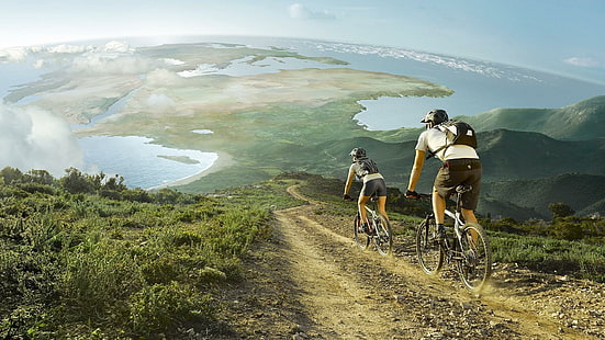 Pasangan bersepeda gunung, helm sepeda hitam, olahraga, 1920x1080, sepeda, sepeda, sepeda gunung, Wallpaper HD HD wallpaper
