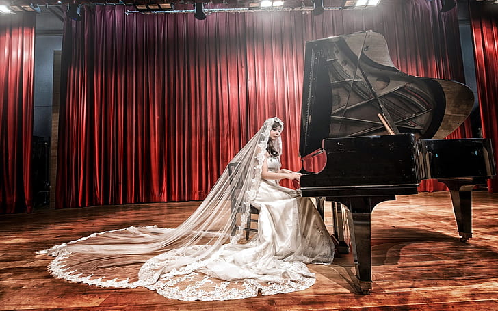 Азиатская девушка, невеста, белое платье, пианино, музыка, Азиатская, девушка, невеста, белое, платье, пианино, музыка, HD обои