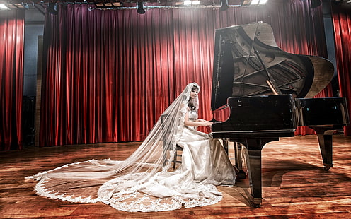 Азиатская девушка, невеста, белое платье, пианино, музыка, Азиатская, девушка, невеста, белое, платье, пианино, музыка, HD обои HD wallpaper