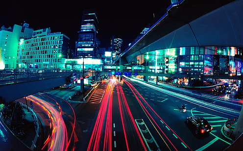 タイムラプス写真、夜の高速道路道路上の車両ライトのタイムラプス写真、都市景観、都市、写真、都市、建物、長時間露光、日本、通り、交差点、道路、東京、夜、交通、車、車両、ライト、アジア、 HDデスクトップの壁紙 HD wallpaper