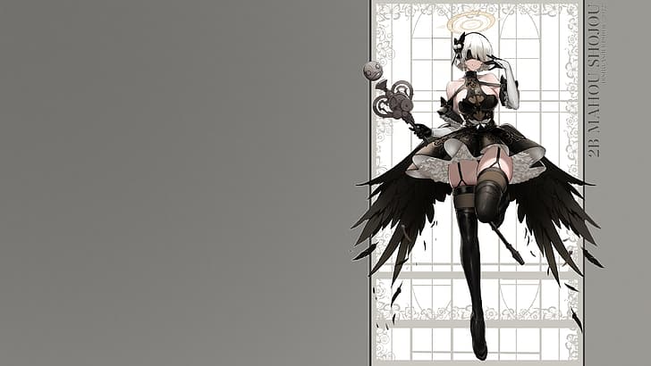 thigh high boots, thigh-highs, 2B (Nier: Automata), wings, staff, magical girls, blindfold, gloves, Dishwasher1910, HD wallpaper