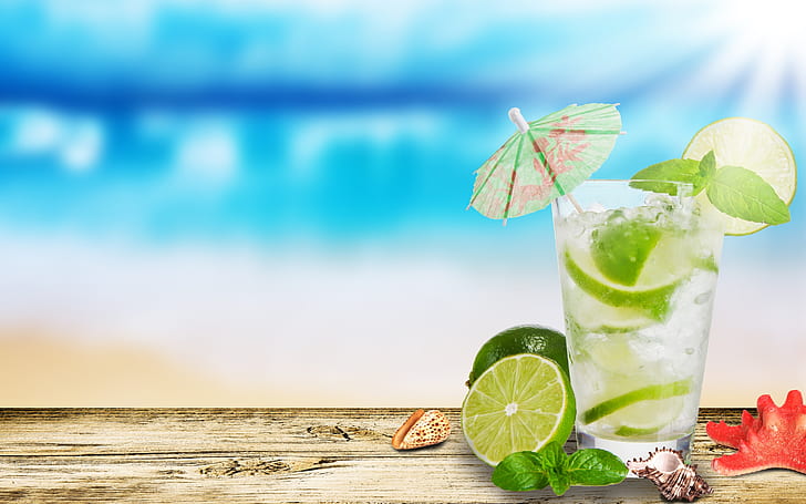 Cocktail Mojito, verre transparent, citron vert, menthe, boisson, glace, Fond d'écran HD