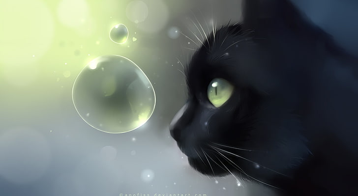 Face à face, papier peint de chat noir, artistique, fantaisie, beau, chaton, noir, bulles, oeuvre, minou, à la recherche, animal, peinture, mignon, peinture de chat, chat noir, face à face, Fond d'écran HD