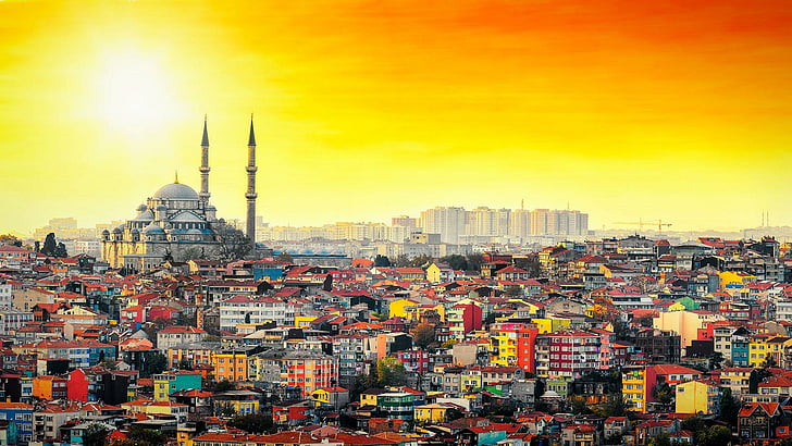 mosque, city, buildings, istanbul, turkey, cityscape, skyline, tower, view, sunset, orange sky, HD wallpaper