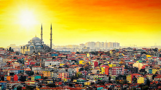 mosque, city, buildings, istanbul, turkey, cityscape, skyline, tower, view, sunset, orange sky, HD wallpaper HD wallpaper