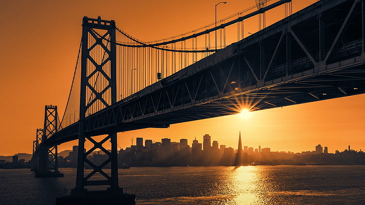 мост, ориентир, закат, Сан-Франциско, Окленд-Бэй-Бридж, горизонт, небо, сумерки, Сан-Франциско-Окленд-Бэй-Бридж, Сан-Франциско, вода, город, Калифорния, США, Дубленд-Бэй-Бридж, HD обои