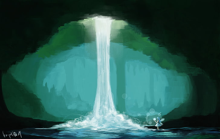 waterfalls inside cave wallpaper, girl, magic, waterfall, cave, art, sunlight, nou, HD wallpaper