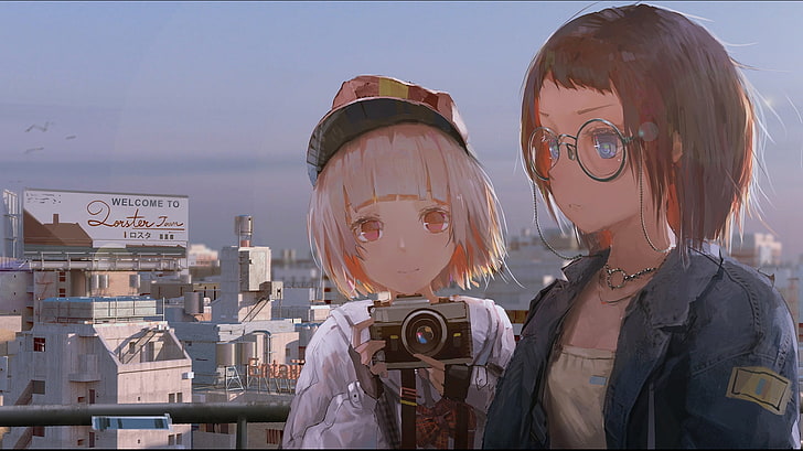 two female anime characters illustration, camera, glasses, city, HD wallpaper